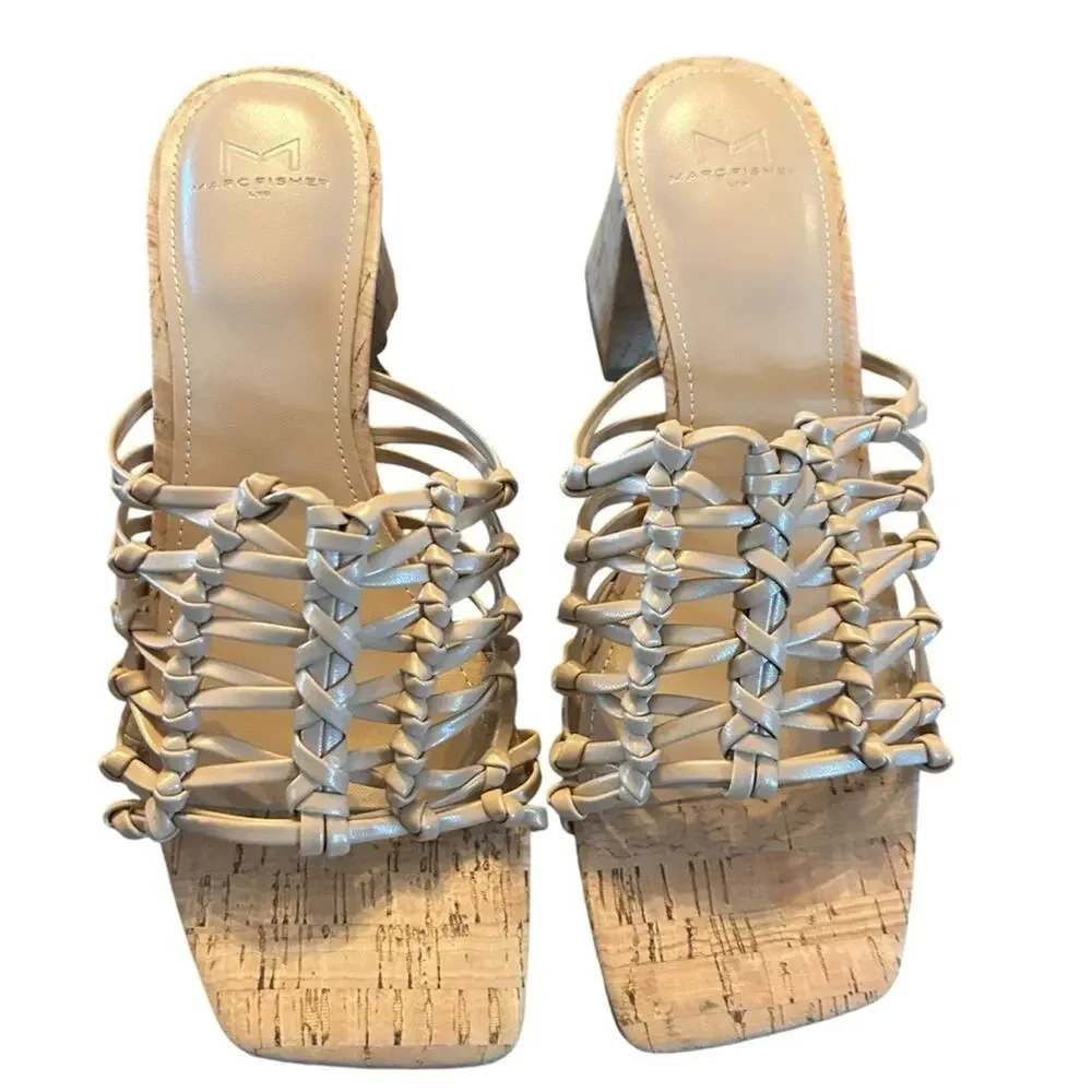 Marc Fisher Colica Braided Strap Slip On Strappy Block Heel Sandals NEW 9.5